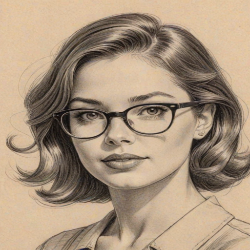 Attractive Summer Walker, pencil sketch, portrait of Radiant woman 1950s in glasses, hair style beatnik, outline, clear lines, fine lines, 8k
