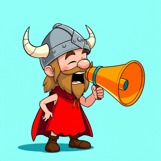 Create a high-resolution cartoon illustration of a Viking character wearing a helmet and a red cape, passionately shouting into a large orange megaphone against a bright turquoise background, using a 50mm lens, f/2.8 aperture, natural lighting, and a digital camera to enhance color vibrancy and detail.