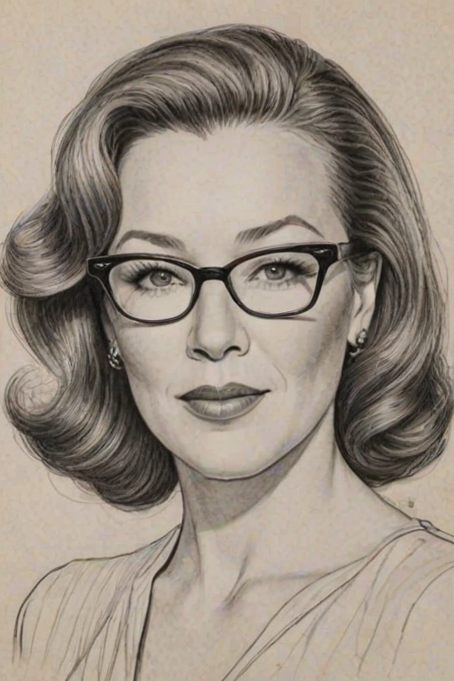 Ravishing Catherine O'Hara, pencil sketch, portrait of Captivating woman 1953s in glasses, hair style beatnik, outline, clear lines, fine lines, 8k