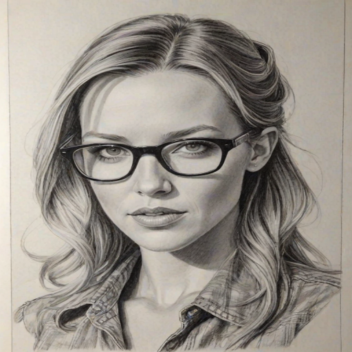 Fascinating Katie Cassidy, pencil sketch, portrait of Magnificent woman 1975s in glasses, hair style beatnik, outline, clear lines, fine lines, 8k