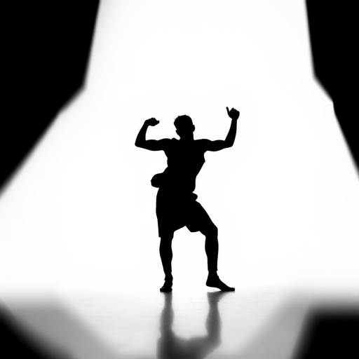 Generate an abstract black silhouette of a person with a dynamic pose on a white background, using a DSLR camera with a 50mm lens, aperture f/2.8, shutter speed 1/250, ISO 100, taken from a low-angle view for dramatic effect.