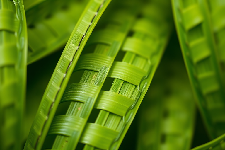 close-up of woven green leaves with intricate patterns, taken with a Canon EOS R5, 100mm macro lens, f/2.8 aperture, ISO 100, natural light, focusing on texture details, shallow depth of field