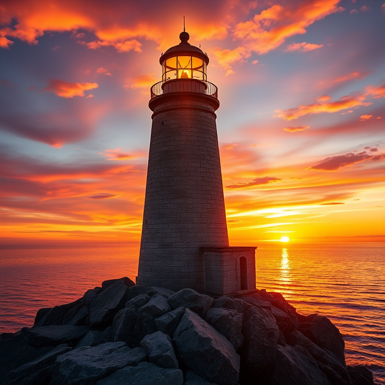 Generate an image of a tall lighthouse perched on a rocky outcrop surrounded by calm ocean waters during a breathtaking sunset. The lighthouse stands sturdy and weathered, its stone surface illuminated by the warm golden light of the setting sun. The sun's rays pass directly through the glass lantern room at the top of the lighthouse, casting a brilliant light across the scene. The sky is painted with vibrant shades of orange, pink, and purple, reflecting off the tranquil sea. The surrounding water shimmers with the same warm hues, creating a serene and majestic atmosphere.