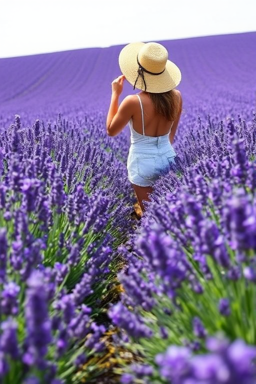 Lavender field stretching to the horizon, the purple flowers swaying gently in the breeze, with a woman in a sunhat walking among them, enjoying the scent.