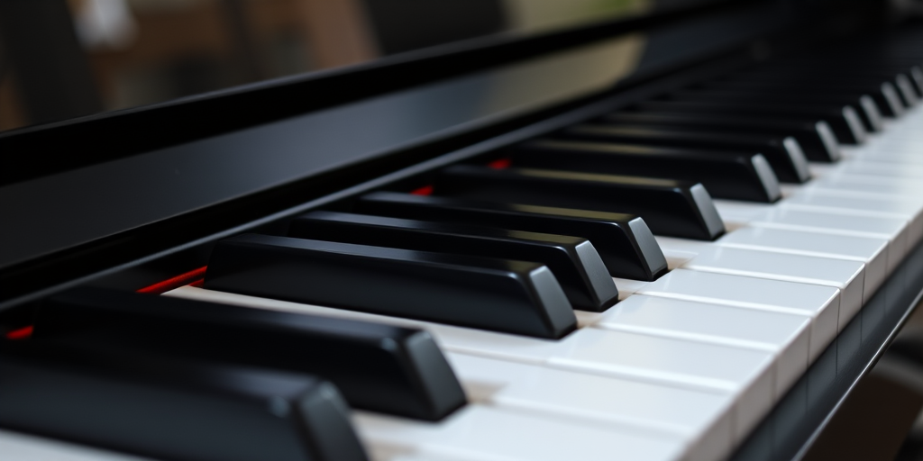 A high-resolution close-up shot of a piano keyboard on a black background, taken with a DSLR camera at f/2.8, ISO 100, 50mm lens, natural soft light to enhance the contrast and details.
