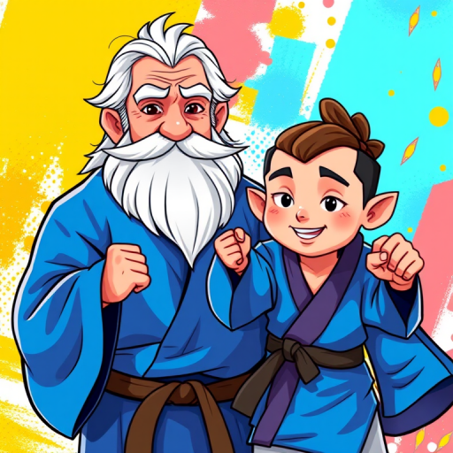 Create a vibrant illustration of a wise old man with a beard and a young martial artist in a blue outfit, set against a colorful background, shot with a Canon EOS R5 at f/5.6, 50mm lens, with natural lighting to enhance the colors and details in a playful cartoon style.