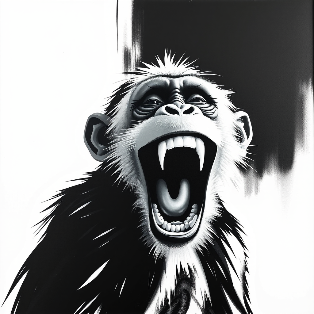 Abstract black and white acrylic portrait of an over exaggerated laughing (monkey). Minimalism style. White background.