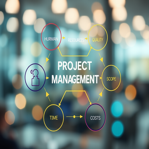 Create an image depicting a modern project management concept with interconnected elements representing human resources, scope, quality, time, cost, procurement, and communication, using a soft focus background with vibrant colors, shot with a DSLR camera at f/2.8, 50mm lens, ISO 100, and a shallow depth of field to enhance clarity and detail.