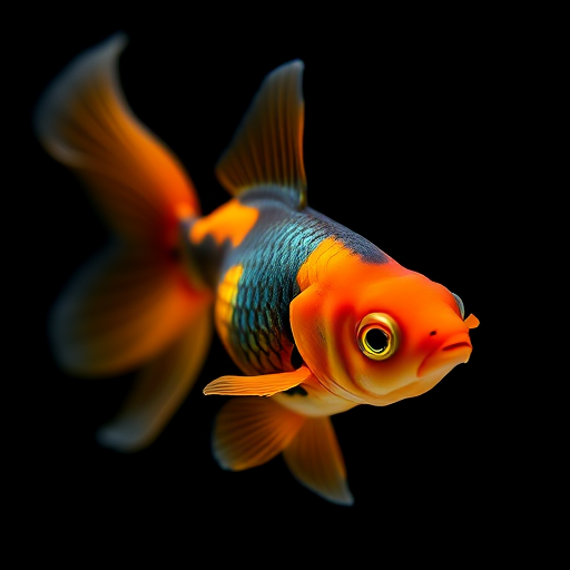 capture a vibrant orange and black goldfish swimming gracefully against a black background using a macro lens with an aperture of f/2.8, shutter speed of 1/250s, ISO 100, top-down perspective, DSLR camera for enhanced image quality