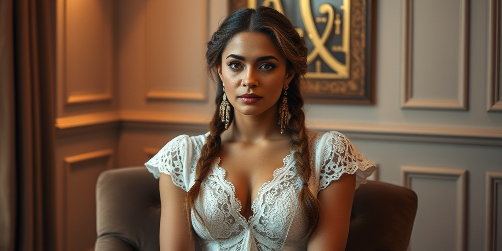 Create a portrait of a refined and elegant woman seated in a sophisticated setting. She has long, wavy hair styled in two thick braids that are pulled over her shoulders. She wears a white, lace gown with intricate patterns, featuring a deep V-neckline and short sleeves. The dress exudes a vintage charm with its delicate lacework. She is adorned with ornate, dangling earrings that add a touch of glamour to her appearance. The background is softly lit, with warm, ambient lighting that creates a cozy and inviting atmosphere. Her expression is poised and serene, capturing a sense of grace and elegance.