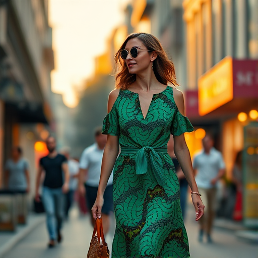 Generate an image of a woman walking confidently in a vibrant green patterned dress on a bustling street, focus on capturing her style and the lively surroundings, using a Canon EOS R5 with a 50mm lens, f/2.8 aperture, ISO 100, and a shallow depth of field for a blurred background effect, shot during golden hour for warm lighting.