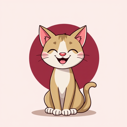 create a cute cartoon cat sitting with a happy expression against a circular maroon background, use a 50mm lens, f/2.8 aperture, ISO 100, and soft lighting to enhance image quality, taken with a DSLR camera in portrait mode.