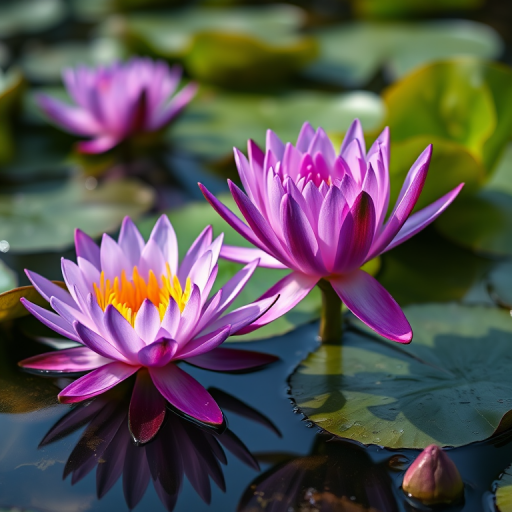 A vibrant close-up of purple water lilies blooming on a tranquil pond, captured with a DSLR camera at f/2.8 aperture, 1/500s shutter speed, 100 ISO, using a macro lens to enhance detail and clarity, with soft natural lighting for a serene atmosphere.