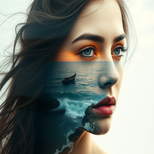 this image is Book cover, A surreal double exposure portrait that blends a woman's face with a beautiful seascape. The overall mood is dreamy and mystical, with rich colors and intricate details