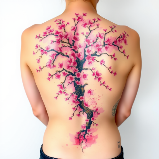 Vibrant watercolor tattoo adorning the entire back, featuring a sprawling cherry blossom tree with petals cascading down the spine, branches extending across shoulder blades in soft pink and purple hues