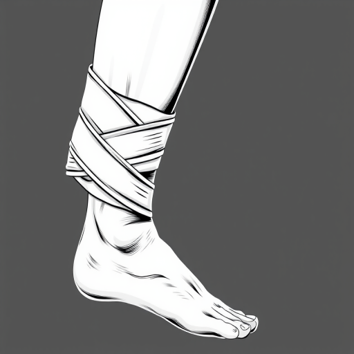 Create a high-resolution black and white illustration of a bandaged leg in a side view, using a detailed vector style with smooth lines, captured with a DSLR camera at f/8 aperture, ISO 100, and a focal length of 50mm to enhance clarity and contrast.