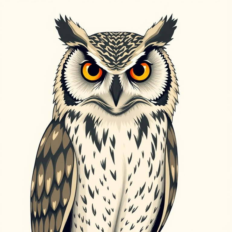 Create a detailed illustration of an owl with a minimalist design and bold features using a DSLR camera, 50mm lens, f/5.6 aperture, ISO 100, soft lighting, and a frontal view to enhance image quality.
