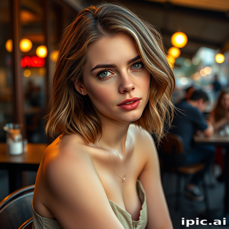 photo of young woman, [Ana de Armas:Emma Watson:0.5], highlight hair, sitting outside restaurant, wearing dress, rim lighting, studio lighting, looking at the camera, dslr, ultra quality, sharp focus, tack sharp, dof, film grain, Fujifilm XT3, crystal clear, 8K UHD, highly detailed glossy eyes, high detailed skin, skin pores