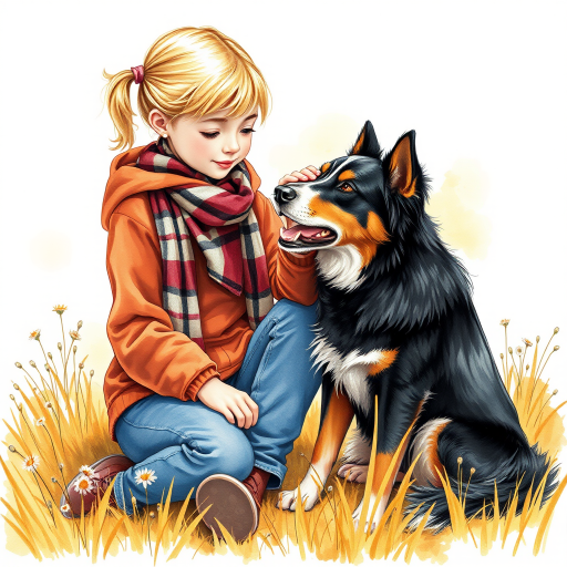 A detailed watercolor and acrylic illustration showing a heartwarming scene between a young blonde girl in pigtails and a Bearnaise Mountain dog. The girl, dressed in a rust hoodie, jeans, and a plaid scarf, gently rests her hand on the dog’s head. The dog, with black, copper, and white fur, sits beside her, tilting its head in affection. They sit on golden grass with wildflowers, against a sunny fall background. The artwork focuses on realistic textures and the tender bond between them.