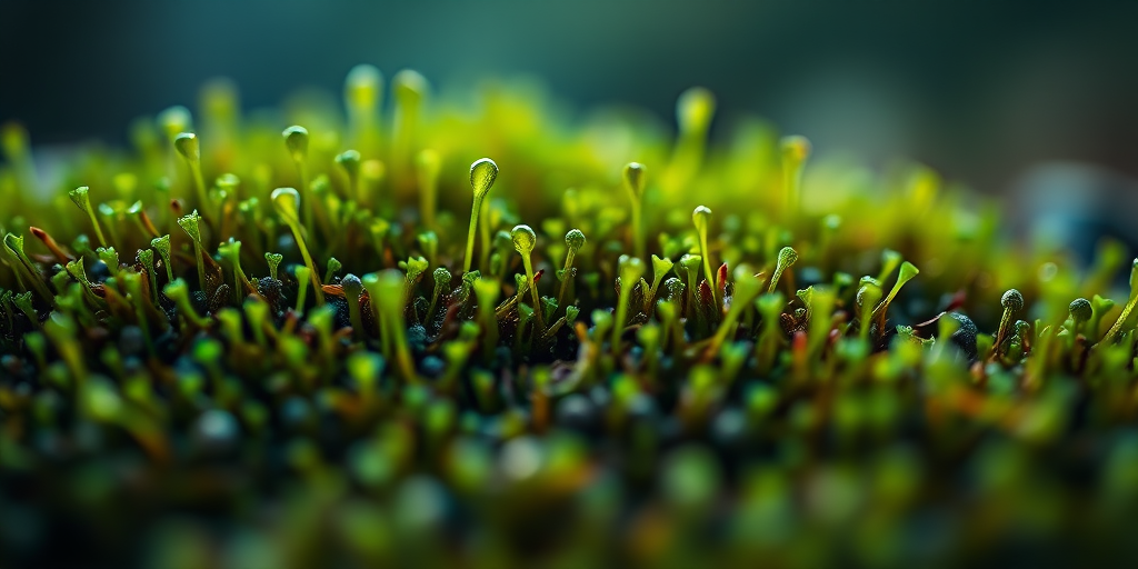 Capture a close-up of fresh green moss with sprouting shoots in low light conditions using a DSLR camera, 50mm lens at f/1.8, ISO 200, 1/200s, with a shallow depth of field and soft focus on the background to enhance details and vibrancy.