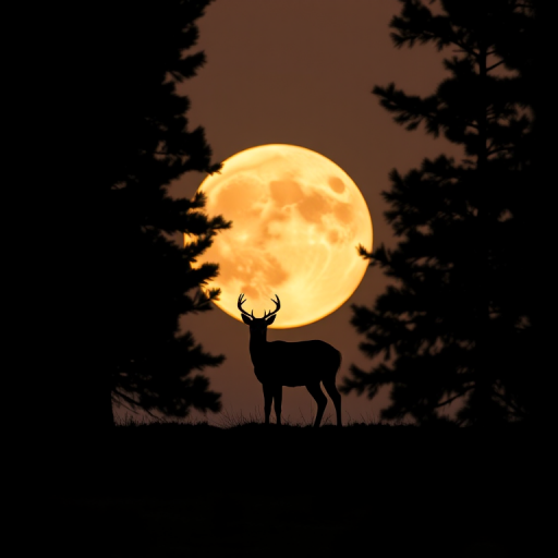 generate a silhouette of a deer standing among pine trees with a large full moon in the background, use a shallow depth of field, golden hour lighting, shot with a DSLR camera at f/1.8, ISO 200, 50mm lens