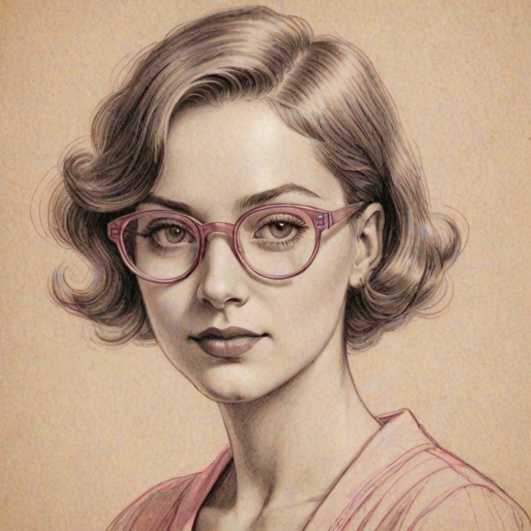 Fetching Pink, pencil sketch, portrait of Fetching woman 1929s in glasses, hair style beatnik, outline, clear lines, fine lines, 8k