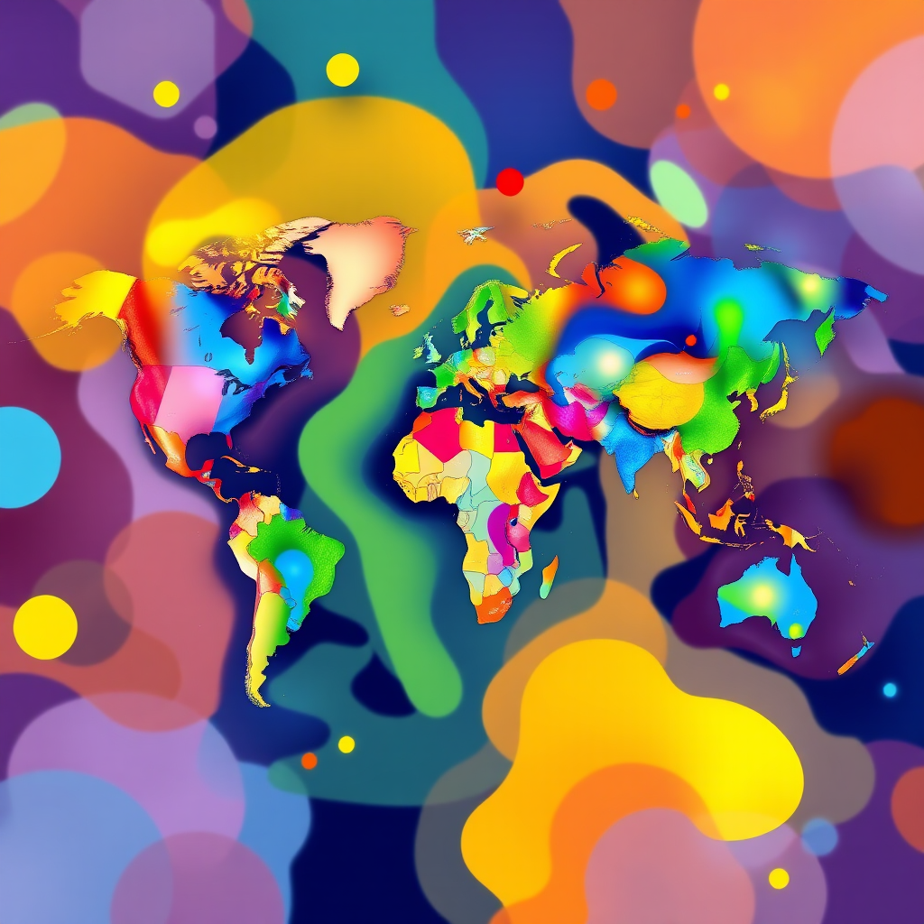 Create a vibrant world map illustration featuring abstract shapes and colors, using a high-resolution digital art style, with a focus on bright, contrasting colors and smooth gradients, captured from a top-down perspective with a 50mm lens, aperture f/8, ISO 100, and a wide color gamut for enhanced clarity.