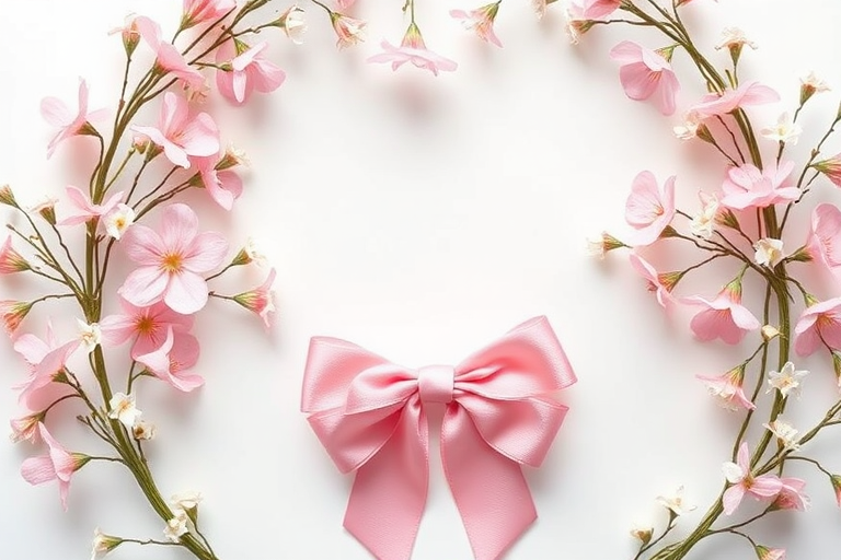 Floral wreath design featuring delicate pink flowers and a pink bow, captured using a DSLR camera with a 50mm lens, f/2.8 aperture, ISO 100, in natural light, top-down view for enhanced clarity and depth of field.