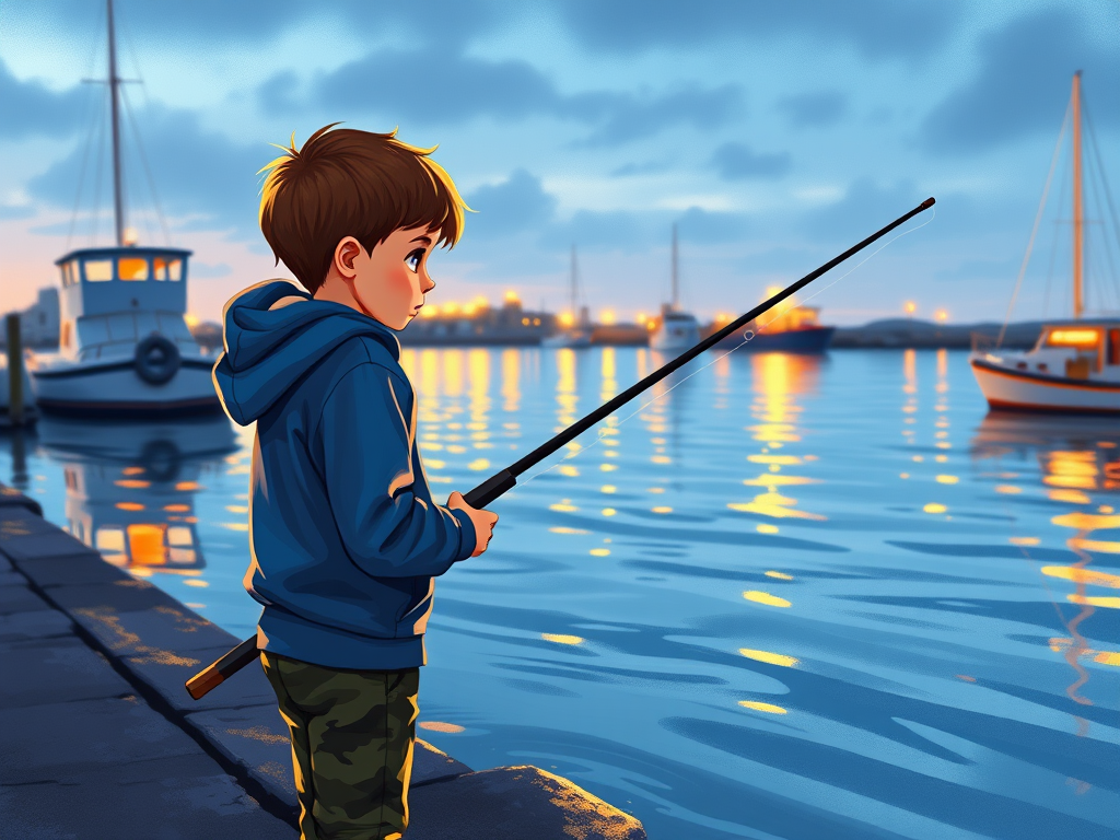 Regenerate an illustration of a young boy fishing by a serene harbor, with fishing rod in hand, wearing a blue hoodie and camo pants, vibrant reflections on the water, capture in 35mm lens, f/8 aperture, ISO 100, soft natural lighting, shallow depth of field, in a digital painting style.