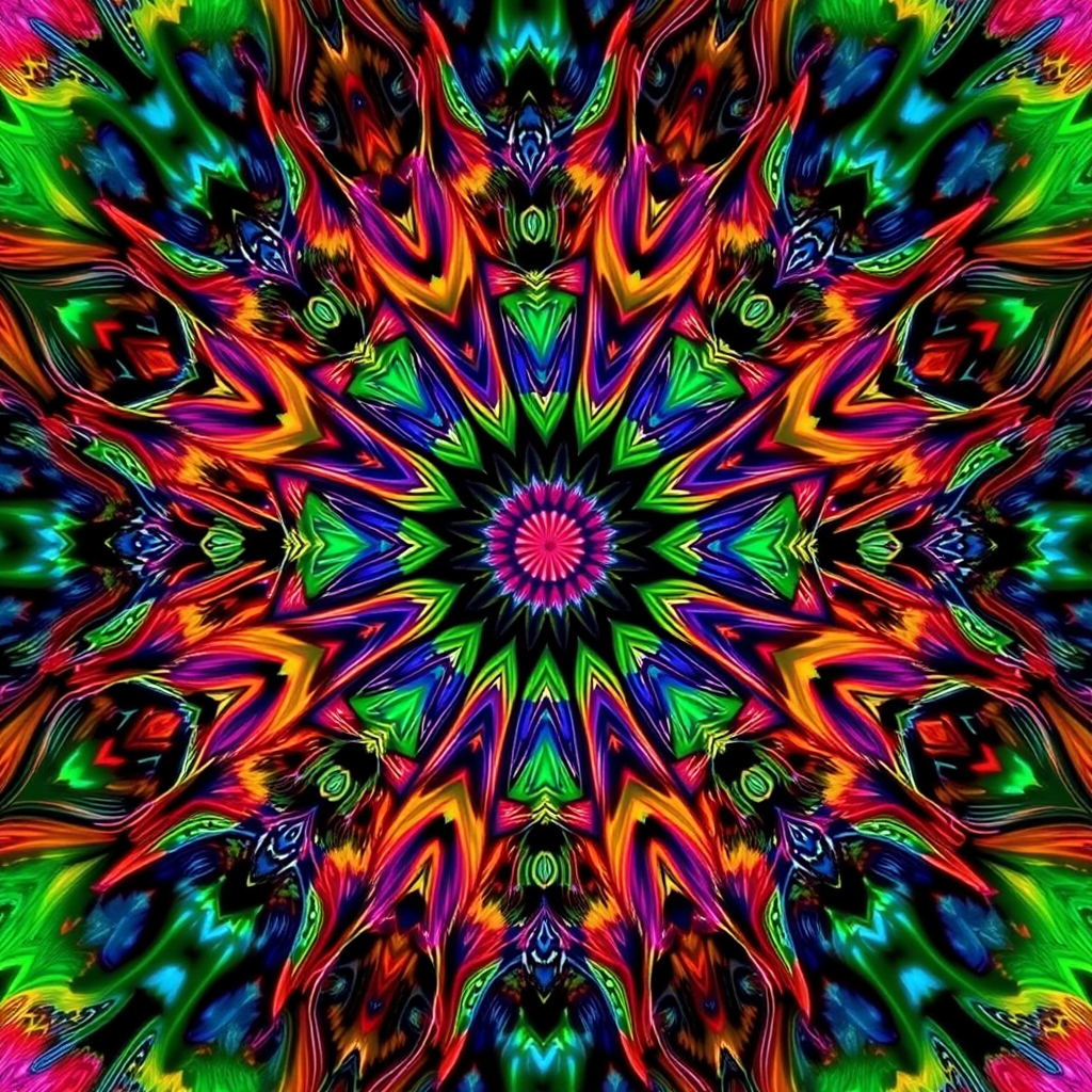 Create a vibrant fractal mandala with intricate patterns and vivid colors, using a DSLR camera with a 50mm lens, f/1.8 aperture, ISO 100, 1/60 sec shutter speed, captured from a close-up view, in high-resolution.