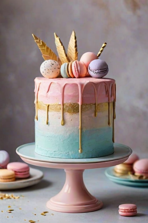 Create a whimsical cake design featuring a pastel color palette with hints of gold. The cake should have a textured surface with a cracked effect, revealing layers of colorful frosting and playful decorations. Incorporate elements like fluffy cotton candy and a shiny macaron on top for added flair. The overall look should be artistic and vibrant, evoking a sense of celebration and joy.
