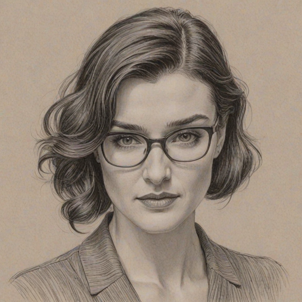 Beauteous Rachel Weisz, pencil sketch, portrait of Ravishing woman 1936s in glasses, hair style beatnik, outline, clear lines, fine lines, 8k