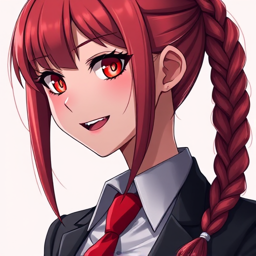 i want the whole image to be created in 3D anime style, 1girl, solo, long hair, looking at viewer, smile, open mouth, bangs, shirt, red eyes, jacket, white shirt, braid, sidelocks, red hair, necktie, teeth, fang, collared shirt, eyelashes, glowing, formal, suit, red necktie, portrait, glowing eyes, braided ponytail, ringed eyes, makima (chainsaw man)