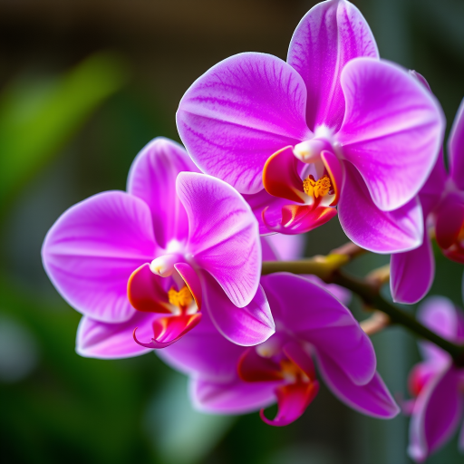 capture a close-up of vibrant pink orchids with a shallow depth of field, f/2.8 aperture, ISO 100, 50mm lens, natural lighting, macro photography style, using a DSLR camera