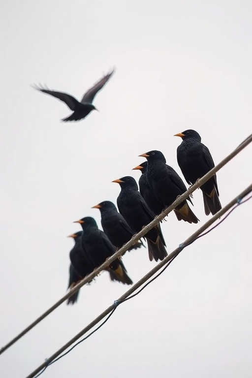 Capture a high-resolution image of a group of starlings perched on a power line with one bird taking flight, using a DSLR camera, 85mm lens, aperture f/8, shutter speed 1/500 sec, ISO 400, natural soft light, shot from a low angle to emphasize the birds against an overcast sky.