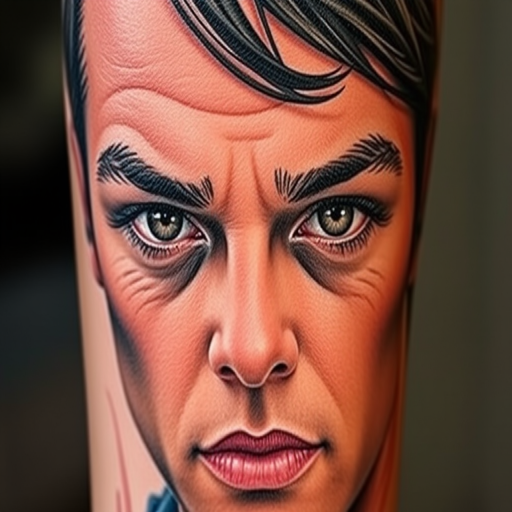 Realistic color portrait tattoo titled "Living Canvas" showcasing photorealistic details of a person's face with lifelike shading and vivid pigments that capture every nuance