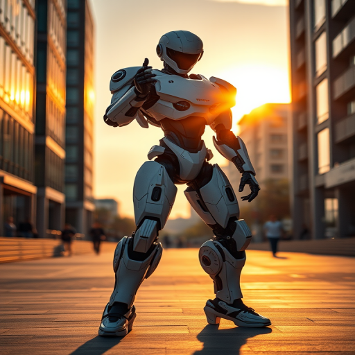 Full body shot of a futuristic robot in a dynamic pose, captured in a well-lit urban environment during golden hour, using a DSLR camera with an aperture of f/2.8, ISO 100, and a shutter speed of 1/250s, wide-angle lens for an immersive perspective.