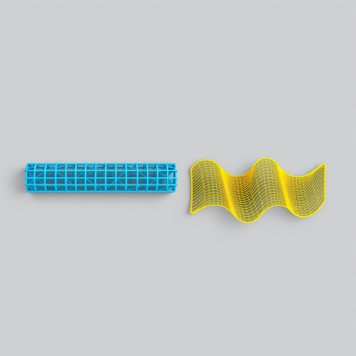 Create a high-resolution image of two stylized mesh shapes, one elongated horizontal blue mesh and one wavy yellow mesh, on a neutral gray background, with a Canon EOS R5 camera, 50mm lens, f/8 aperture, ISO 100, and soft diffused lighting for even illumination.