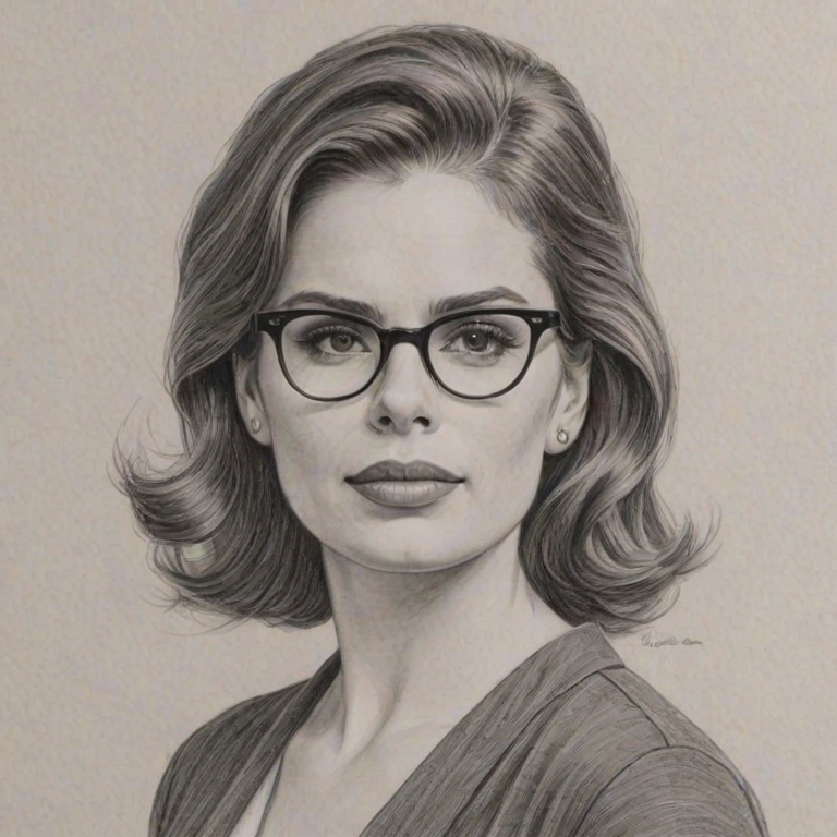 Appealing Hayley Atwell, pencil sketch, portrait of Beauteous woman 1955s in glasses, hair style beatnik, outline, clear lines, fine lines, 8k