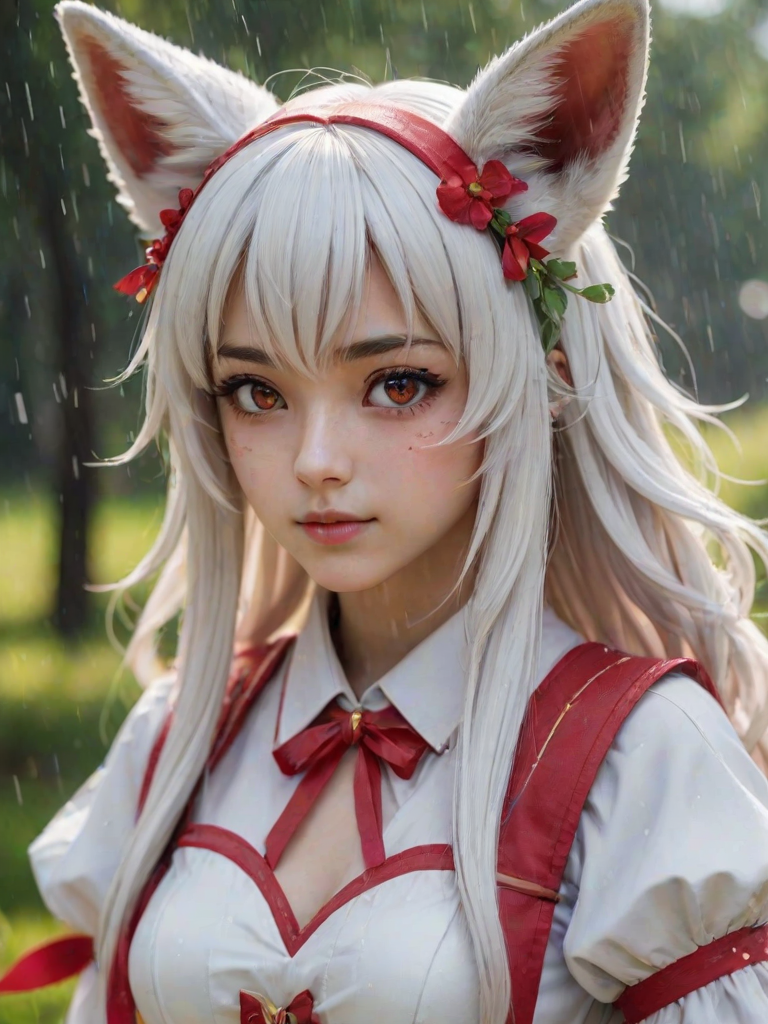 i want the whole image to be created in 3D anime style, 1girl, solo, long hair, looking at viewer, bangs, hair ornament, red eyes, ribbon, animal ears, flower, white hair, parted lips, japanese clothes, hair flower, blurry, from side, animal ear fluff, looking to the side, fox ears, bell, depth of field, blurry background, facial mark, thick eyebrows, slit pupils, fox girl, portrait, jingle bell, rain, sideways glance, whisker markings