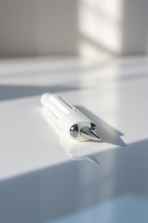 Create a hyper-realistic image of a white pen lying on a clean, reflective surface with soft natural lighting, shot with a 50mm f/1.8 lens, aperture set to f/2.8, ISO 200, and a depth of field effect to highlight the pen while gently blurring the background, using a DSLR camera.