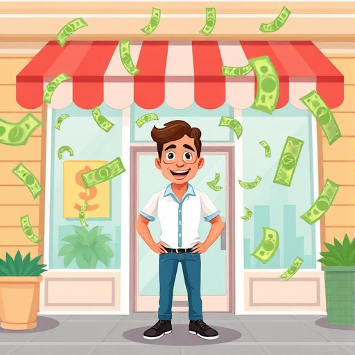 illustrate a happy man standing in front of a shop, surrounded by flying money bills, use a colorful and engaging style, camera type: digital camera, settings: ISO 100, aperture f/4.0, shutter speed 1/200s, view: eye-level, style: flat design