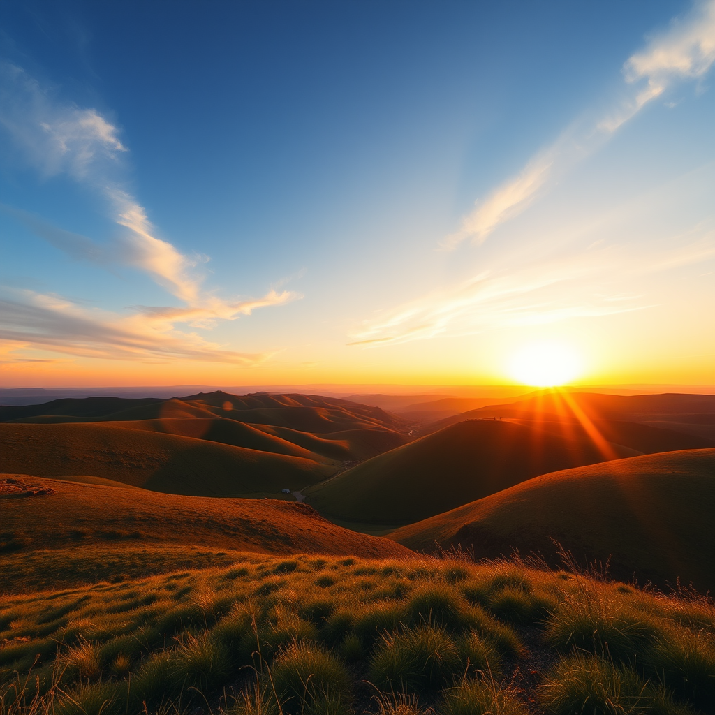 Generate a high-resolution image of a serene landscape featuring rolling hills and a setting sun, taken with a DSLR camera at f/8 aperture, 1/250 sec shutter speed, ISO 100, in a wide-angle view with vibrant colors and enhanced lighting.