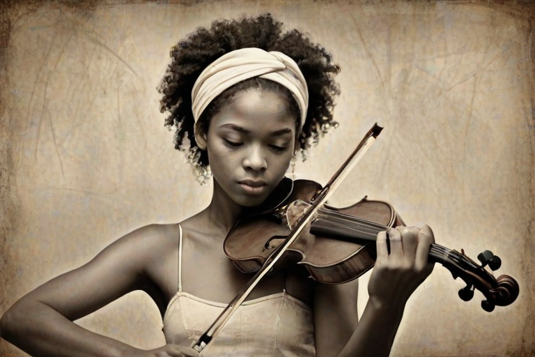a young Afro-Caribbean woman with a white headband playing a violin, in the style of a charcoal drawing, sepia grunge background