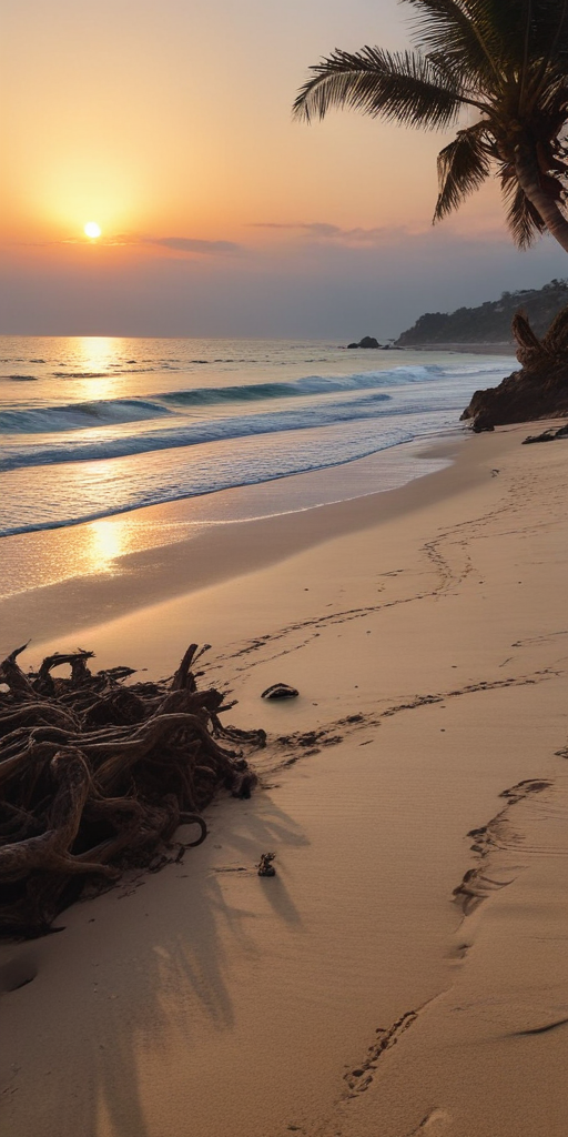 Serene Sunset Over Tranquil Beach with Gentle Waves and Palm Trees