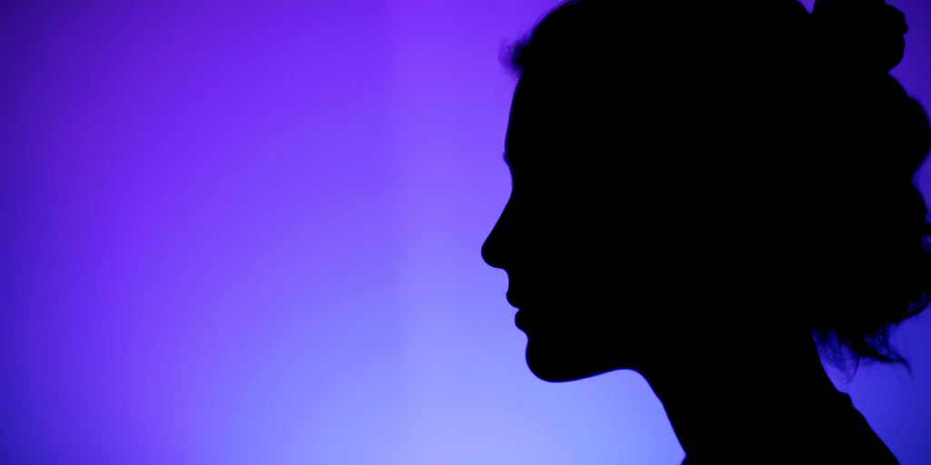 Create an abstract portrait silhouette against a gradient background of purple and blue, using a DSLR camera with a 50mm lens, f/1.8 aperture, ISO 100, shot from a side view in a soft focus style.