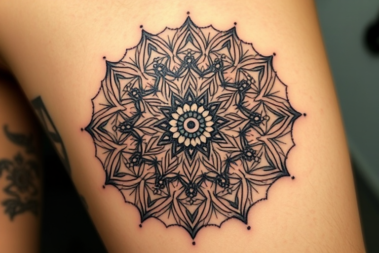 Mandala tattoo incorporating sacred geometry patterns and spiritual symbols, intricate dotwork and fine lines, radial symmetry with gradient shading, mesmerizing optical illusion effect