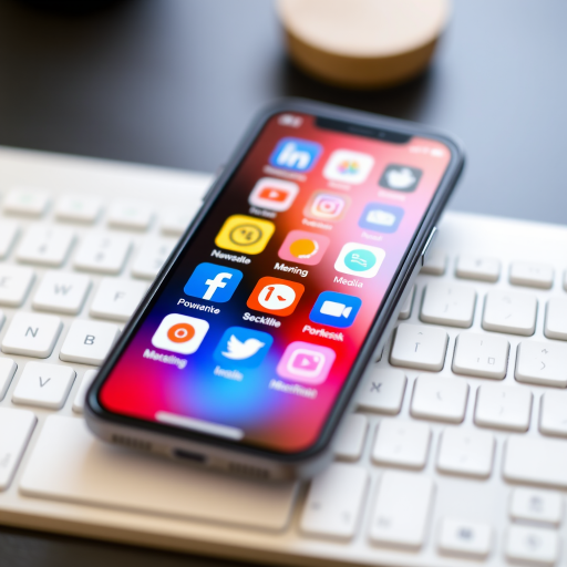 Generate a high-resolution image of a smartphone displaying various colorful social media and application icons, placed on a white keyboard, using a DSLR camera with a 50mm lens, aperture f/1.8, ISO 100, and a shallow depth of field to create a blurred background effect.