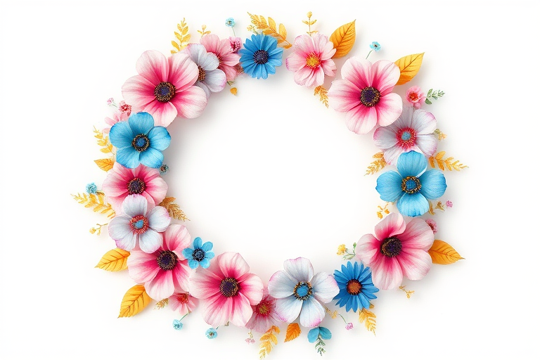 create a circular floral wreath illustration with pink, blue, and gold flowers and leaves, high resolution, ISO 100, f/4.0, 50mm lens, overhead view, digital illustration, vibrant colors, smooth gradients
