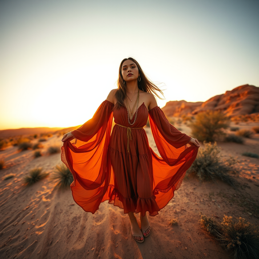 Desert setting, bohemian model, flowy dresses, earthy tones, rustic sunset effect,  equipped with a 12mm lens to capture an overhead view of the model, emphasizing symmetry and spatial positioning
